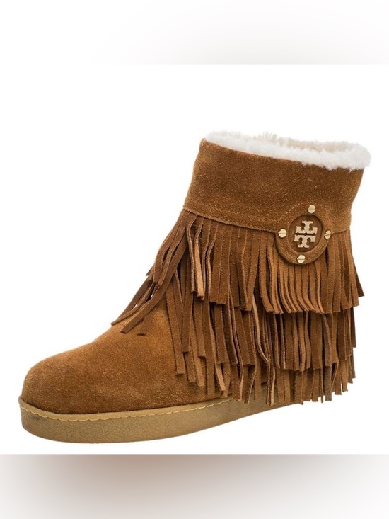 Tory Burch Shoes - Tory Burch Chestnut Brown Suede Fringe Shearling moccasins